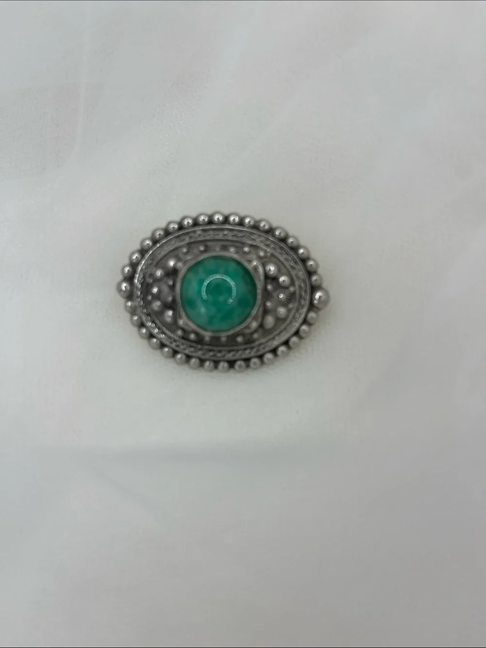 Vintage Green stone brooch. Marked 800 continental Silver frame Piece 2.1 oz/59g